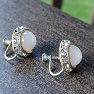 Vintage Screw Back Faux Pearl and Rhinestone Earrings
